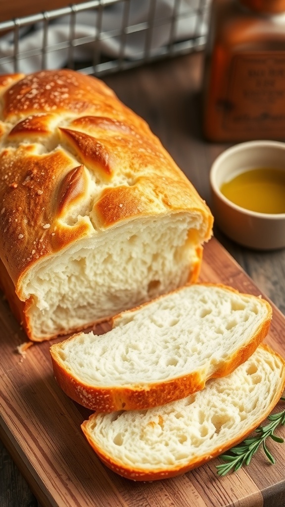 Greek Yogurt Bread Recipe A loaf of Greek yogurt bread sliced on a cutting board, with a bowl of olive oil and herbs in the background.
